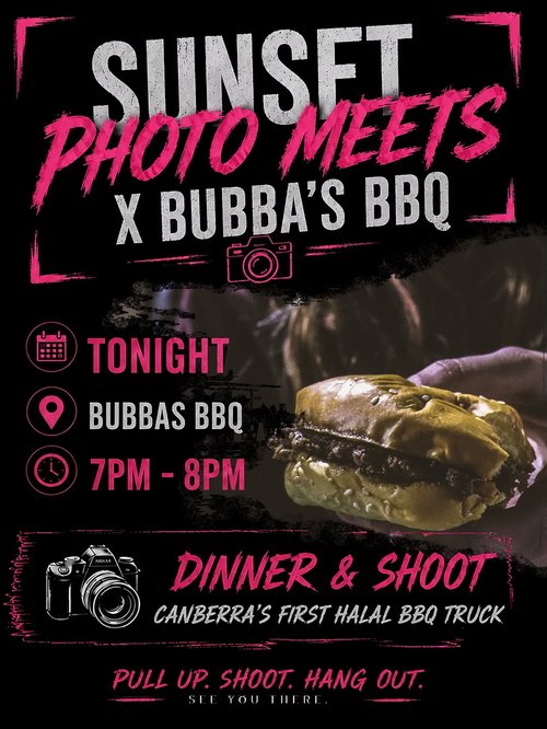 Sunset Photo Meets x Bubba's BBQ — car meet in Canberra, NSW on Saturday 1 August 2026