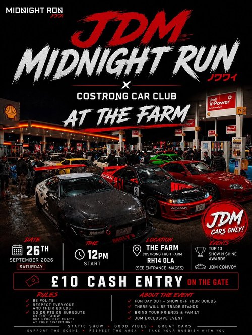 JDM Midnight Run x Costrong Car Club at the Farm — JDM car meet in International on Saturday 26 September 2026