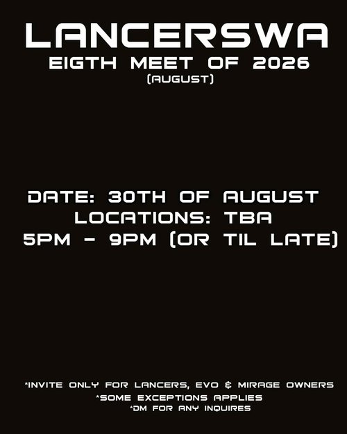 LancersWA Eighth Meet of 2026 — JDM car meet in Perth, WA on Sunday 30 August 2026