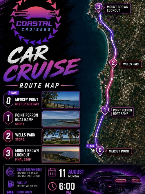Coastal Cruisers Car Cruise — car meet in Perth, WA on Tuesday 11 August 2026
