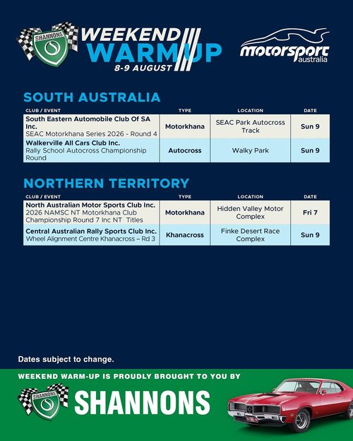 2026 NAMSC NT Motorkhana Club Championship Round 7 — track day in Darwin, NT on Friday 7 August 2026