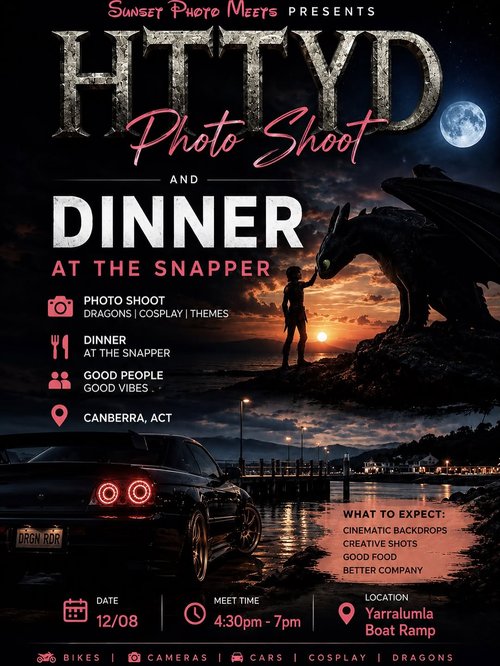 HTTYD Photo Shoot and Dinner — JDM car meet in Canberra, NSW on Wednesday 12 August 2026