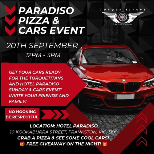 Paradiso Pizza & Cars Event — Muscle car meet in Melbourne, VIC on Sunday 20 September 2026