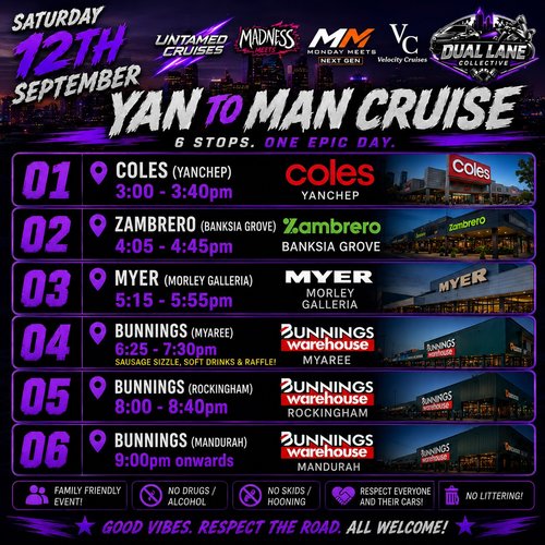 Yan to Man Cruise — JDM/Muscle car meet in Perth, WA on Saturday 12 September 2026