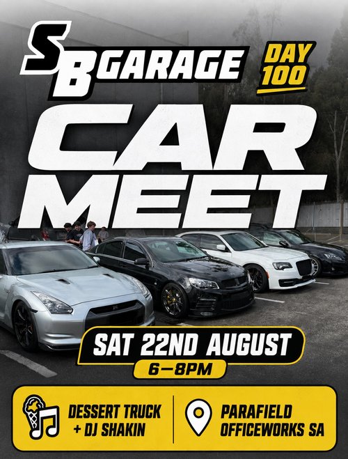 SB Garage Day 100 Car Meet — JDM/Muscle car meet in Adelaide, SA on Saturday 22 August 2026