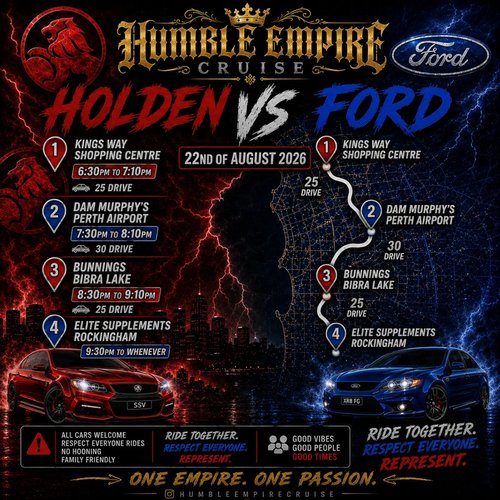Humble Empire Holden vs Ford Cruise — Muscle car meet in Perth, WA on Saturday 22 August 2026