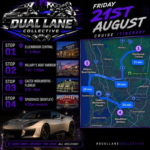 Dual Lane Collective Cruise — JDM car meet in Perth, WA on Friday 21 August 2026