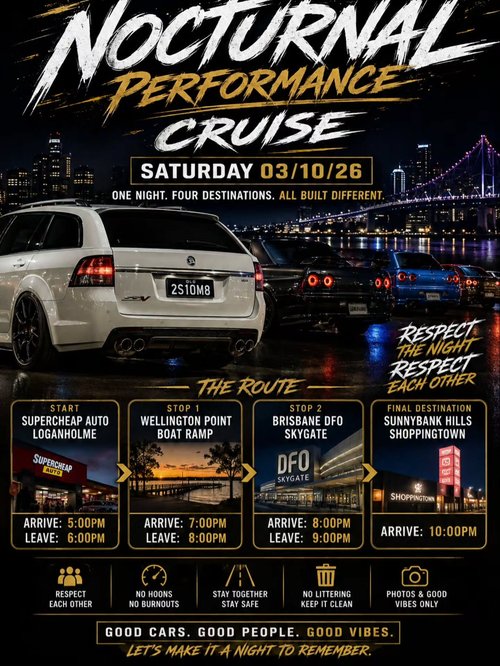 Nocturnal Performance Cruise — JDM/Muscle car meet in Brisbane, QLD on Saturday 3 October 2026