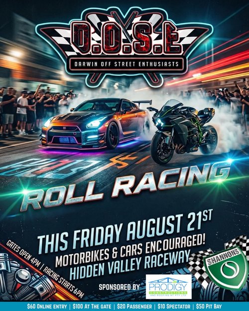 Roll Racing — JDM/Muscle track day in Darwin, NT on Friday 21 August 2026