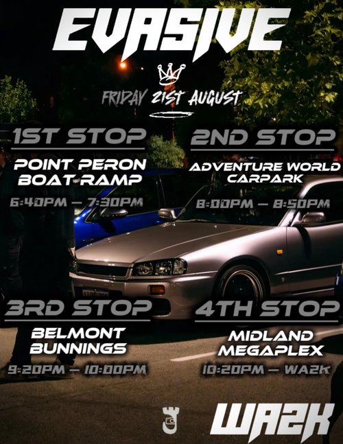Evasive x WA2K Cruise — JDM car meet in Perth, WA on Friday 21 August 2026