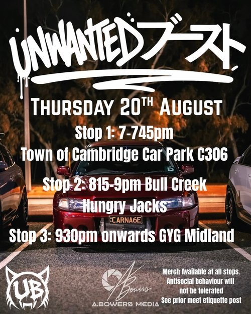 Unwanted Boost Cruise — JDM car meet in Perth, WA on Thursday 20 August 2026