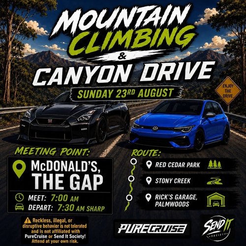 Mountain Climbing & Canyon Drive — Euro/JDM car meet in Brisbane, QLD on Sunday 23 August 2026