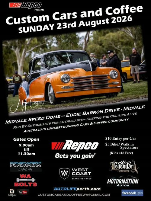 Custom Cars and Coffee — Classic/Muscle car meet in Perth, WA on Sunday 23 August 2026