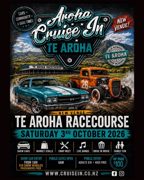 Aroha Cruise In — Classic/Muscle car meet in International on Saturday 3 October 2026
