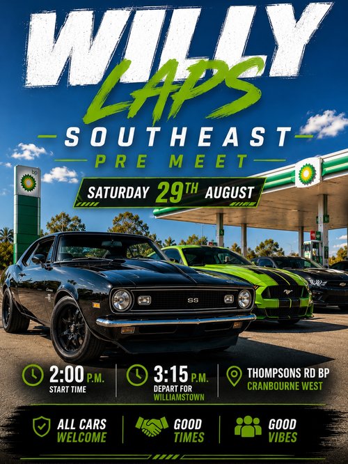 Willy Laps Southeast Pre Meet — Muscle car meet in Melbourne, VIC on Saturday 29 August 2026