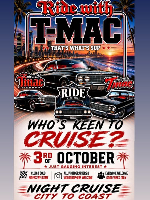 Ride with T-MAC Night Cruise — Classic car meet in Brisbane, QLD on Saturday 3 October 2026