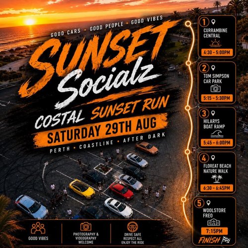 Coastal Sunset Run — car meet in Perth, WA on Saturday 29 August 2026