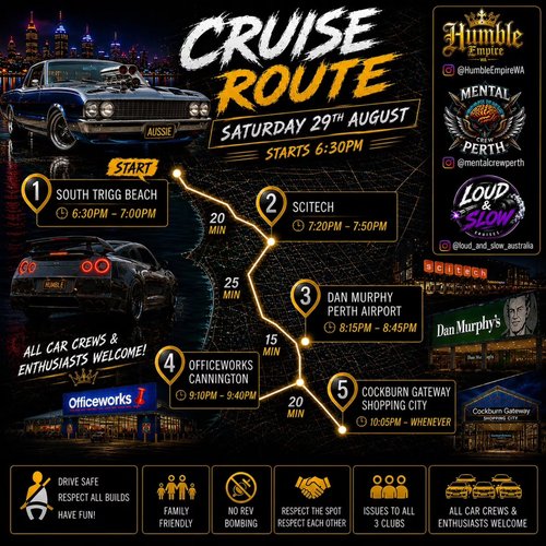 Cruise Route — JDM/Muscle car meet in Perth, WA on Saturday 29 August 2026