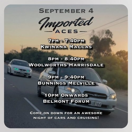 Imported Aces Cruise — JDM car meet in Perth, WA on Friday 4 September 2026