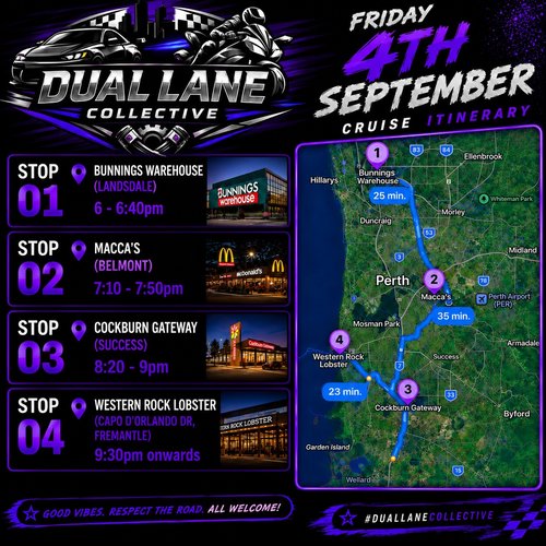 Dual Lane Collective Cruise — JDM car meet in Perth, WA on Friday 4 September 2026