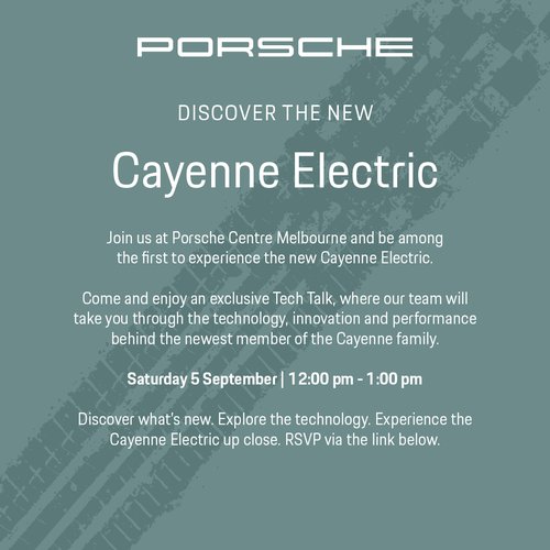 Discover the New Cayenne Electric — Euro/Exotic car meet in Melbourne, VIC on Saturday 5 September 2026