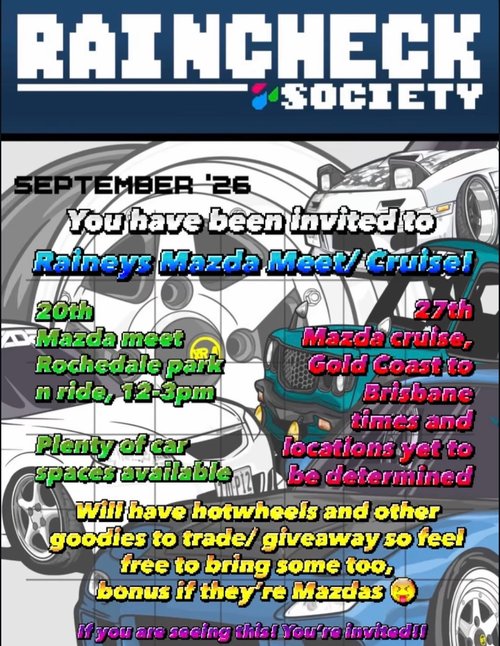 Raineys Mazda Birthday Meet — Euro/JDM car meet in Brisbane, QLD on Sunday 20 September 2026