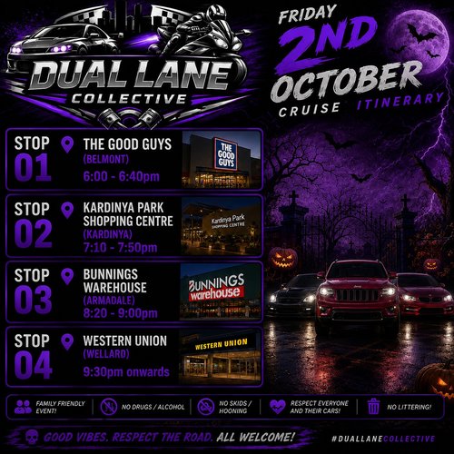 Dual Lane Collective Friday Cruise — JDM car meet in Perth, WA on Friday 2 October 2026
