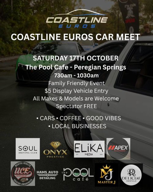 Coastline Euros Car Meet — Euro/JDM car meet in Sunshine Coast, QLD on Saturday 17 October 2026