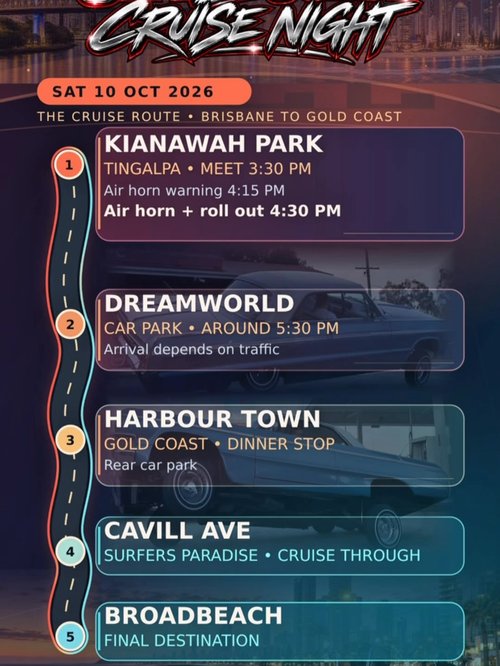 City 2 Coast Cruise Night — Classic car meet in Brisbane, QLD on Saturday 10 October 2026