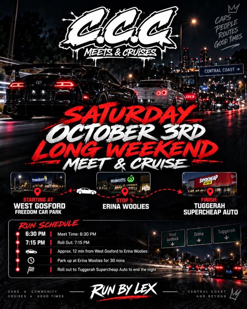 CCC Meet & Cruise — JDM car meet in Central Coast, NSW on Saturday 3 October 2026