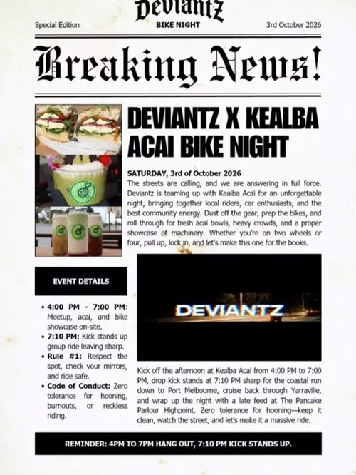 Deviantz x Kealba Acai Bike Night — car meet in Melbourne, VIC on Saturday 3 October 2026