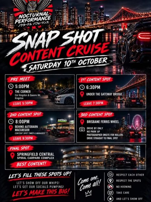 Snap Shot Content Cruise — JDM car meet in Brisbane, QLD on Saturday 10 October 2026