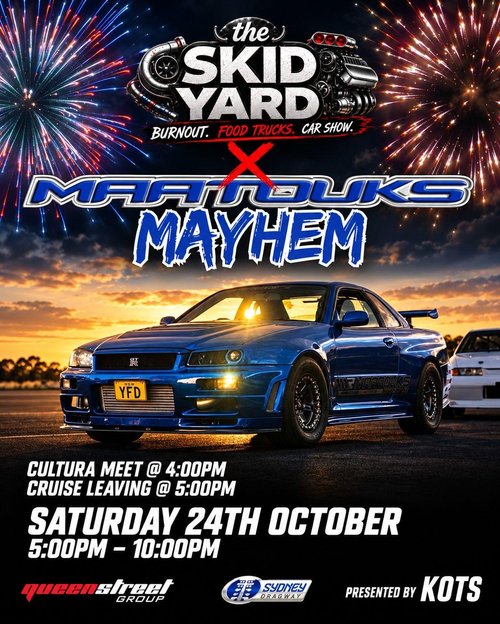The Skid Yard x Maatouks Mayhem — JDM/Muscle spectator event in Sydney, NSW on Saturday 24 October 2026