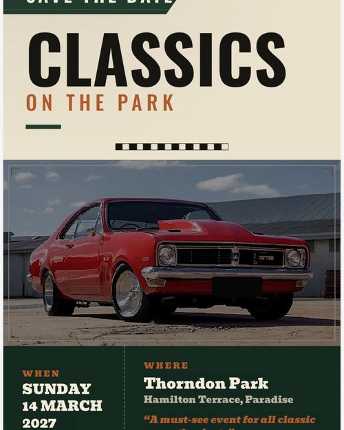 Classics on the Park — Classic/Muscle car meet in Adelaide, SA on Sunday 14 March 2027