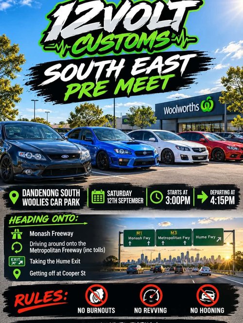 12Volt Customs South East Pre Meet — Muscle/JDM car meet in Melbourne, VIC on Saturday 12 September 2026