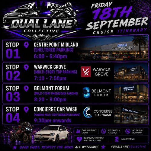 Dual Lane Collective Friday Cruise — JDM car meet in Perth, WA on Friday 18 September 2026