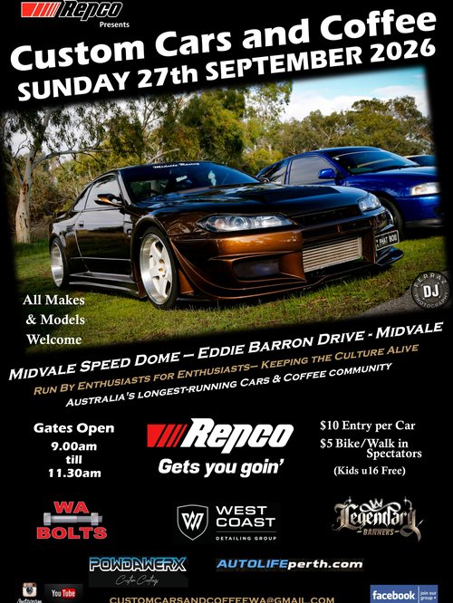 Custom Cars and Coffee — JDM/Euro car meet in Perth, WA on Sunday 27 September 2026