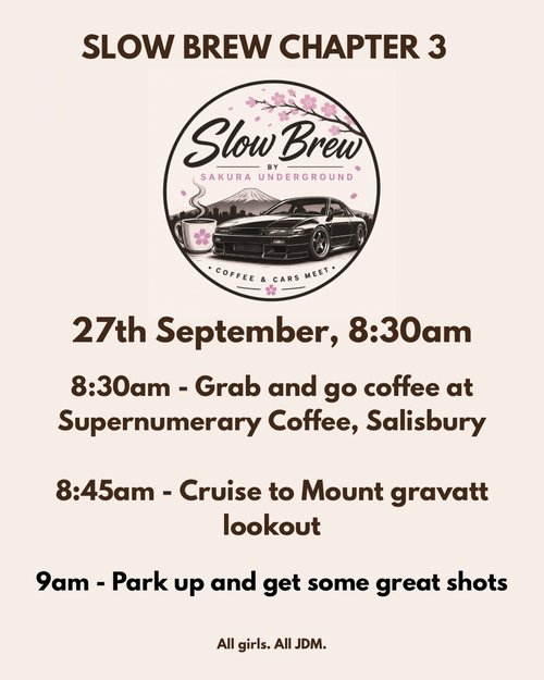 Slow Brew Chapter 3 — JDM car meet in Brisbane, QLD on Sunday 27 September 2026