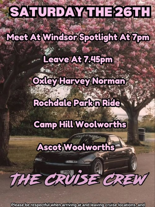 Saturday Night Cruise — JDM car meet in Brisbane, QLD on Saturday 26 September 2026