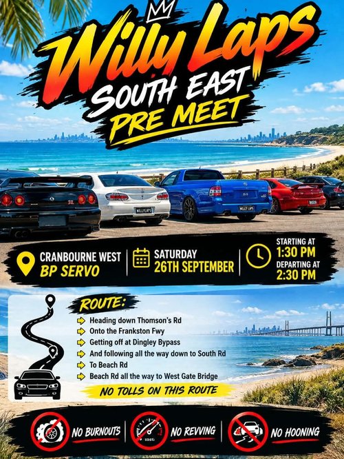 Willy Laps South East Pre Meet — Muscle/JDM car meet in Melbourne, VIC on Saturday 26 September 2026