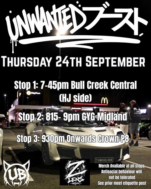 Unwanted Boost Thursday Night Cruise — JDM car meet in Perth, WA on Thursday 24 September 2026