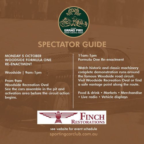 Woodside Formula One Re-enactment — Classic spectator event in Adelaide, SA on Monday 5 October 2026