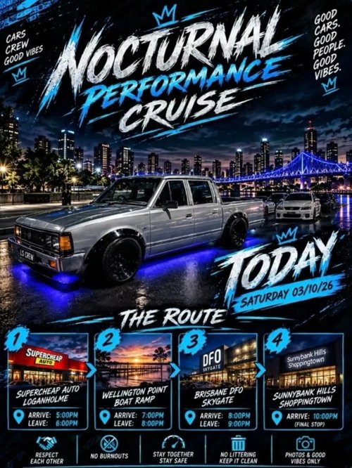 Nocturnal Performance Cruise — JDM car meet in Brisbane, QLD on Saturday 3 October 2026
