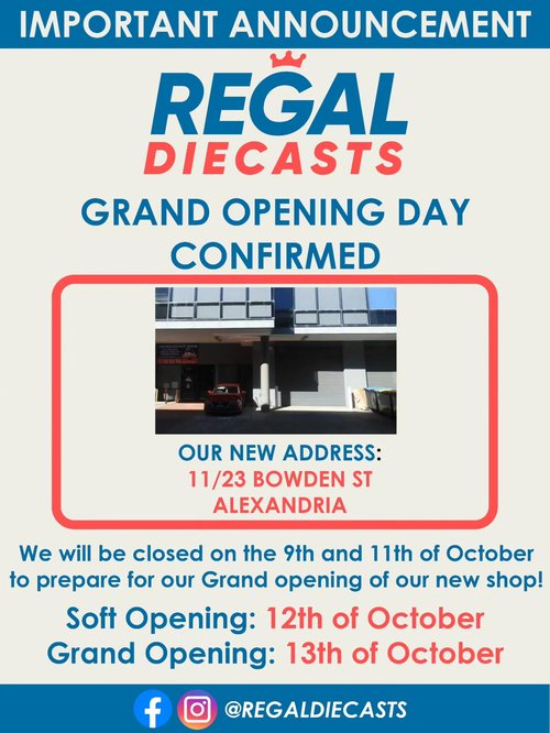 Regal Diecasts Grand Opening — car meet in Sydney, NSW on Monday 12 October 2026