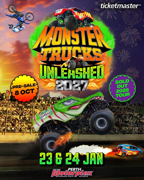 Monster Trucks Unleashed — spectator event in Perth, WA on Saturday 23 January 2027