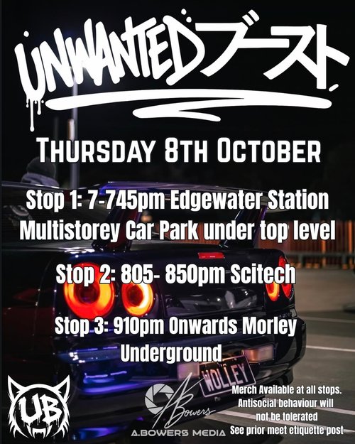 Unwanted Boost Cruise — JDM car meet in Perth, WA on Thursday 8 October 2026
