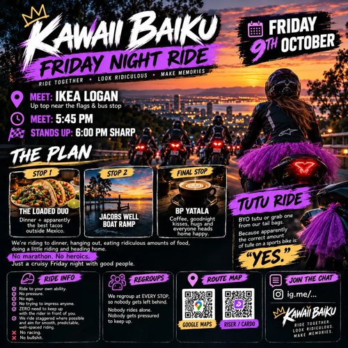 Kawaii Baiku Friday Night Ride — JDM car meet in Brisbane, QLD on Friday 9 October 2026