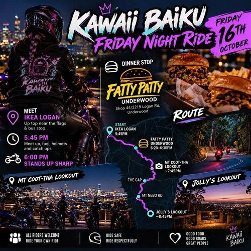 Kawaii Baiku Friday Night Ride — car meet in Brisbane, QLD on Friday 16 October 2026