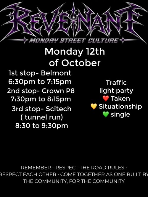 Revenant Monday Street Culture — Stance car meet in Perth, WA on Monday 12 October 2026