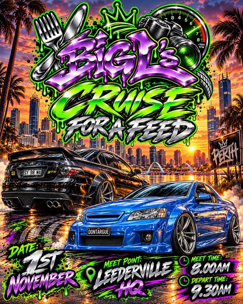 Big L's Cruise for a Feed — Muscle/Stance car meet in Perth, WA on Sunday 1 November 2026